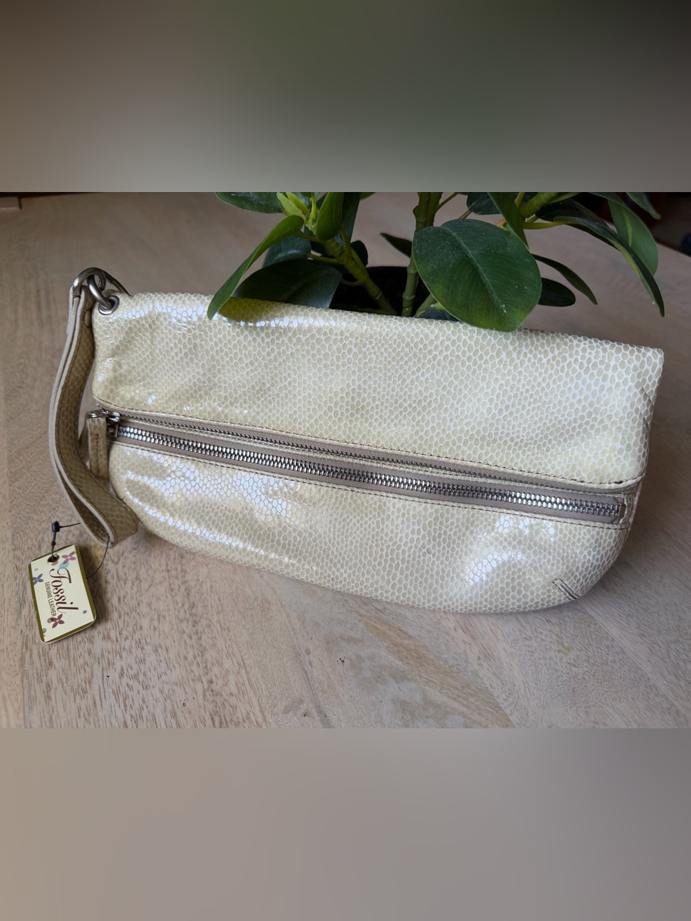 FOSSIL leather clutch, cream off white Shiny snake pattern, Never Used sample